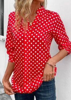 Red Split Polka Dot Long Sleeve Blouse