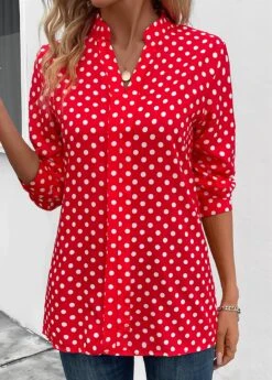 Red Split Polka Dot Long Sleeve Blouse -Women Clothing Sales Store 341612 P 16952121157783