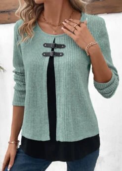 Sage Green Fake 2in1 Long Sleeve Blouse