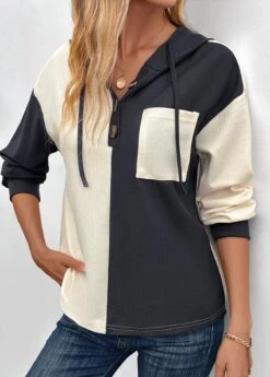 Beige Button Pocket Long Sleeve Hoodie
