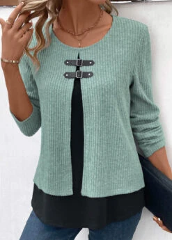 Sage Green Fake 2in1 Long Sleeve Blouse -Women Clothing Sales Store 341933 P 16939620965193