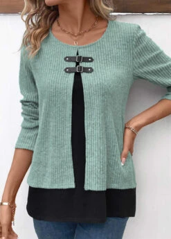 Sage Green Fake 2in1 Long Sleeve Blouse -Women Clothing Sales Store 341933 P 16939620969942