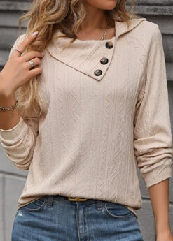 Beige Button Long Sleeve Asymmetrical Neck Sweatshirt