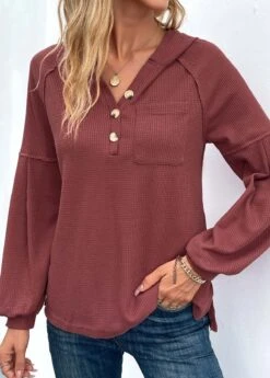 Deep Red Button Long Sleeve Hoodie