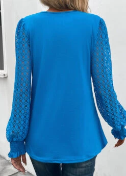 Sky Blue Patchwork Long Sleeve V Neck Blouse