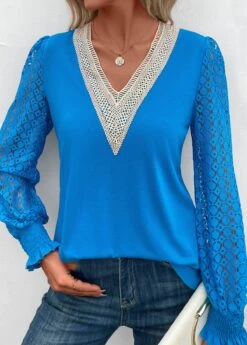 Sky Blue Patchwork Long Sleeve V Neck Blouse -Women Clothing Sales Store 342304 P 16952993815125