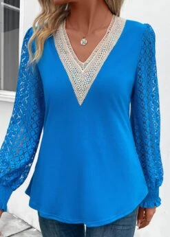 Sky Blue Patchwork Long Sleeve V Neck Blouse -Women Clothing Sales Store 342304 P 16952993817850