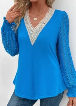Sky Blue Patchwork Long Sleeve V Neck Blouse -Women Clothing Sales Store 342304 P 16952993818462