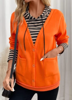 Orange Fake 2in1 Striped Long Sleeve Hoodie -Women Clothing Sales Store 342308 P 16989206557613