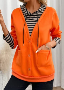 Orange Fake 2in1 Striped Long Sleeve Hoodie -Women Clothing Sales Store 342308 P 16989206557972