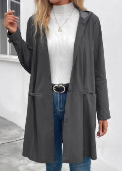 Dark Grey Pocket Long Sleeve Hooded Coat -Women Clothing Sales Store 342475 P 16971048301985