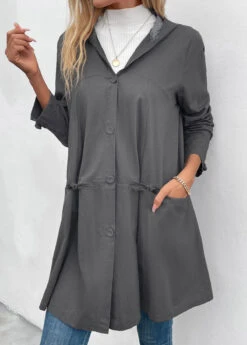 Dark Grey Pocket Long Sleeve Hooded Coat -Women Clothing Sales Store 342475 P 16971048308713