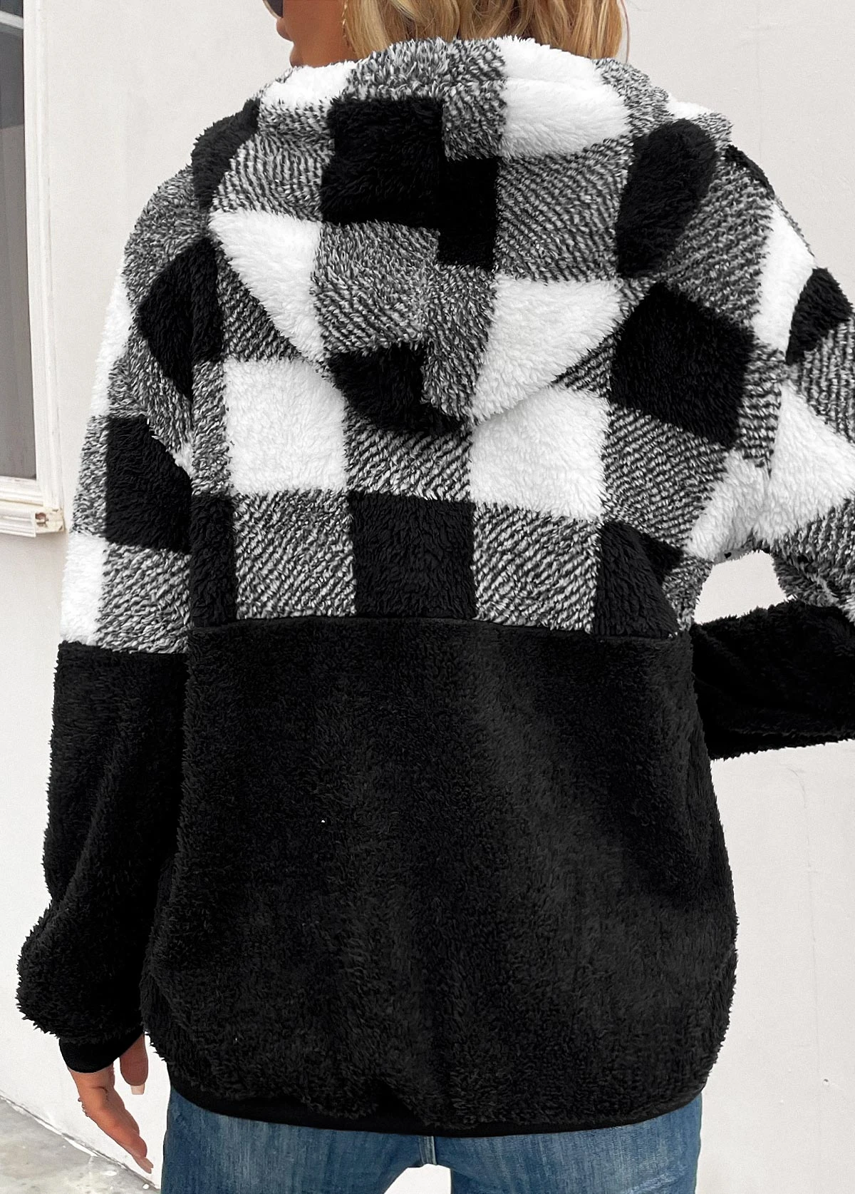 Black Pocket Plaid Long Sleeve Hooded Coat 2 Black Pocket Plaid Long Sleeve Hooded Coat - Image 2