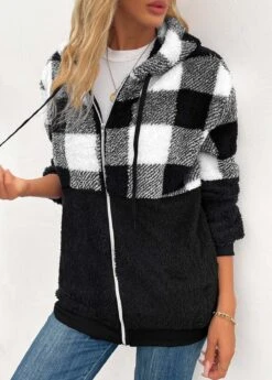 Black Pocket Plaid Long Sleeve Hooded Coat 7 Black Pocket Plaid Long Sleeve Hooded Coat -Women Clothing Sales Store 342481 P 16952991707592