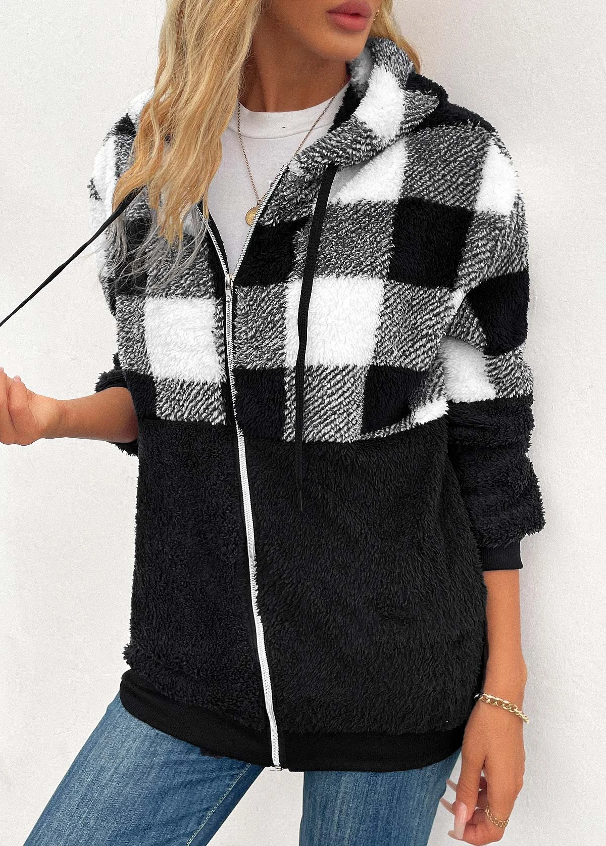 Black Pocket Plaid Long Sleeve Hooded Coat 3 Black Pocket Plaid Long Sleeve Hooded Coat - Image 3