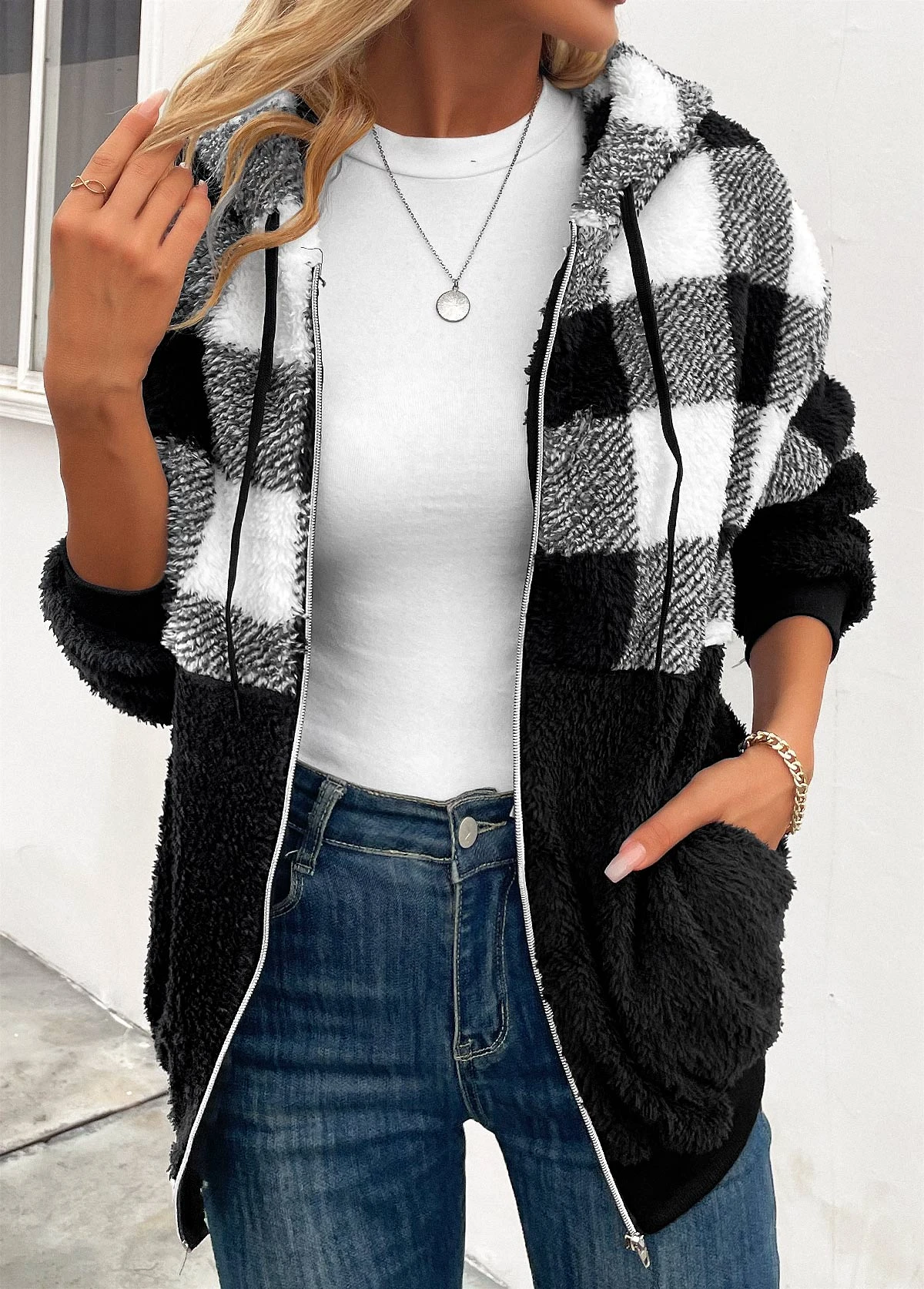 Black Pocket Plaid Long Sleeve Hooded Coat 1 Black Pocket Plaid Long Sleeve Hooded Coat