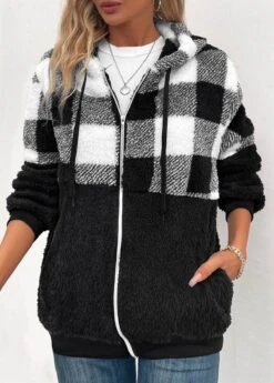 Black Pocket Plaid Long Sleeve Hooded Coat 8 Black Pocket Plaid Long Sleeve Hooded Coat -Women Clothing Sales Store 342481 P 16952991708933