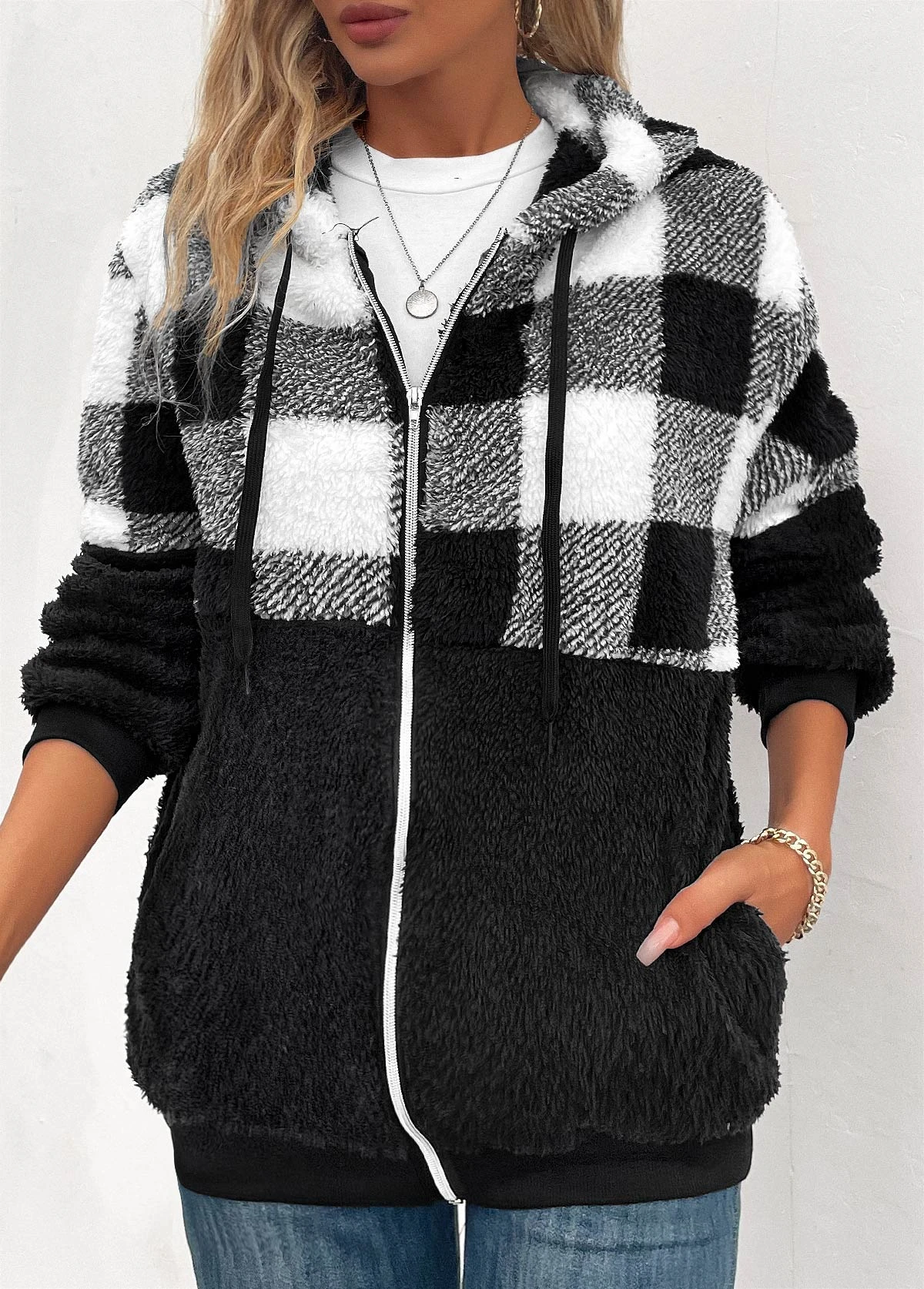 Black Pocket Plaid Long Sleeve Hooded Coat 4 Black Pocket Plaid Long Sleeve Hooded Coat - Image 4
