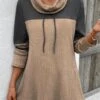 Light Camel Patchwork Long Sleeve Cowl Neck Sweatshirt