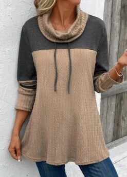 Light Camel Patchwork Long Sleeve Cowl Neck Sweatshirt