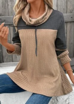 Light Camel Patchwork Long Sleeve Cowl Neck Sweatshirt -Women Clothing Sales Store 342492 P 16969385533775