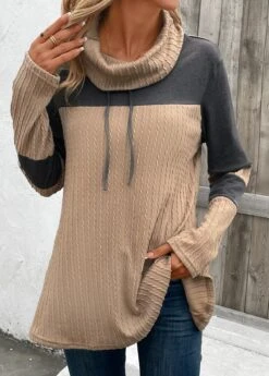 Light Camel Patchwork Long Sleeve Cowl Neck Sweatshirt -Women Clothing Sales Store 342492 P 16969385534220