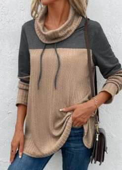 Light Camel Patchwork Long Sleeve Cowl Neck Sweatshirt -Women Clothing Sales Store 342492 P 16969385536302