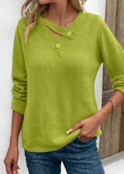 Avocado Green Long Sleeve Asymmetrical Neck Sweater