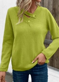 Avocado Green Long Sleeve Asymmetrical Neck Sweater -Women Clothing Sales Store 342652 P 16967607863883