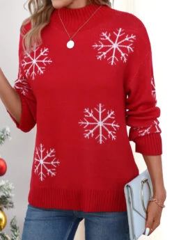 Red Snowflake Print Long Sleeve Stand Collar Sweater -Women Clothing Sales Store 342653 P 16978019582084