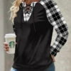 Black Lace Up Plaid Long Sleeve Round Neck Sweatshirt