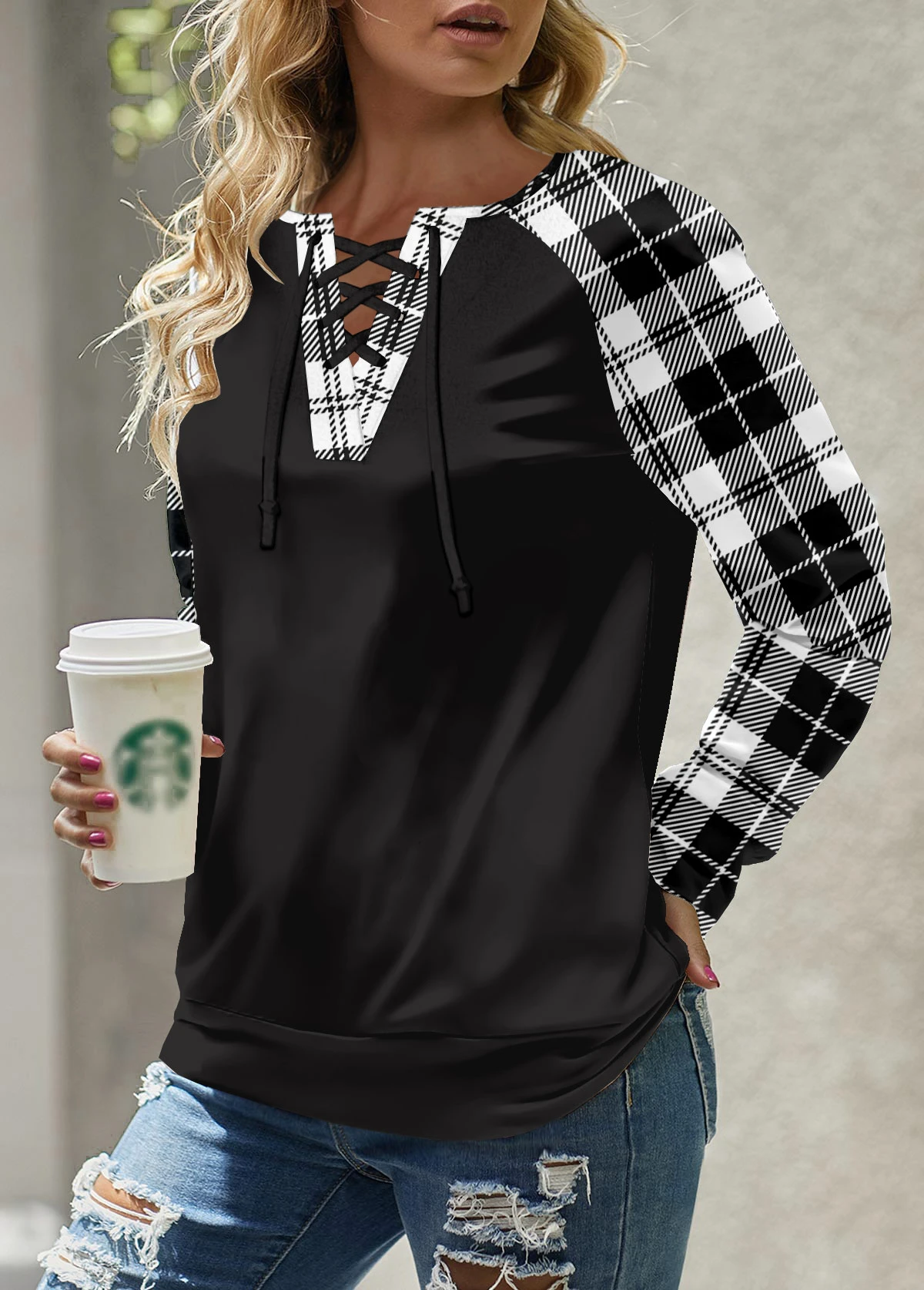 Black Lace Up Plaid Long Sleeve Round Neck Sweatshirt 1 Black Lace Up Plaid Long Sleeve Round Neck Sweatshirt