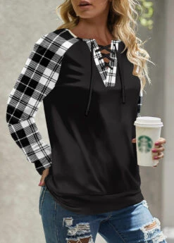 Black Lace Up Plaid Long Sleeve Round Neck Sweatshirt 5 Black Lace Up Plaid Long Sleeve Round Neck Sweatshirt -Women Clothing Sales Store 342681 P 1695274010350
