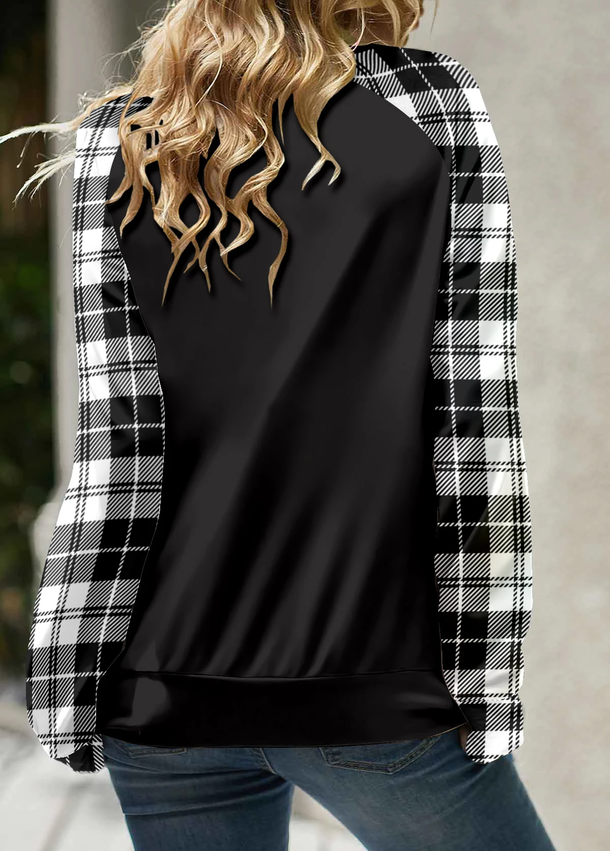 Black Lace Up Plaid Long Sleeve Round Neck Sweatshirt 2 Black Lace Up Plaid Long Sleeve Round Neck Sweatshirt - Image 2