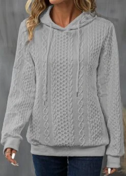 Light Grey Drawstring Long Sleeve Hoodie -Women Clothing Sales Store 342694 P 16950299987512