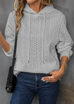 Light Grey Drawstring Long Sleeve Hoodie -Women Clothing Sales Store 342694 P 16950299987963