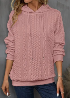 Patchwork Pink Drawstring Long Sleeve Hoodie