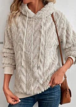 Beige Faux Fur Long Sleeve Hooded Sweatshirt -Women Clothing Sales Store 343002 P 16966733014384