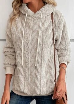 Beige Faux Fur Long Sleeve Hooded Sweatshirt -Women Clothing Sales Store 343002 P 16966733014415