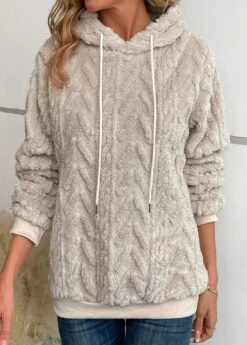 Beige Faux Fur Long Sleeve Hooded Sweatshirt -Women Clothing Sales Store 343002 P 16966733015033