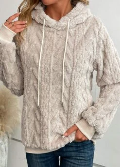 Beige Faux Fur Long Sleeve Hooded Sweatshirt -Women Clothing Sales Store 343002 P 16966733018742