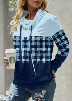 Light Blue Patchwork Plaid Long Sleeve Cowl Neck Sweatshirt