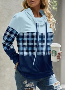 Light Blue Patchwork Plaid Long Sleeve Cowl Neck Sweatshirt -Women Clothing Sales Store 343018 P 1695200177758