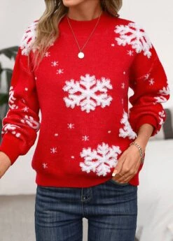 Red Snowflake Print Long Sleeve Stand Collar Christmas Sweater