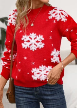 Red Snowflake Print Long Sleeve Stand Collar Christmas Sweater -Women Clothing Sales Store 343069 P 16971121445054