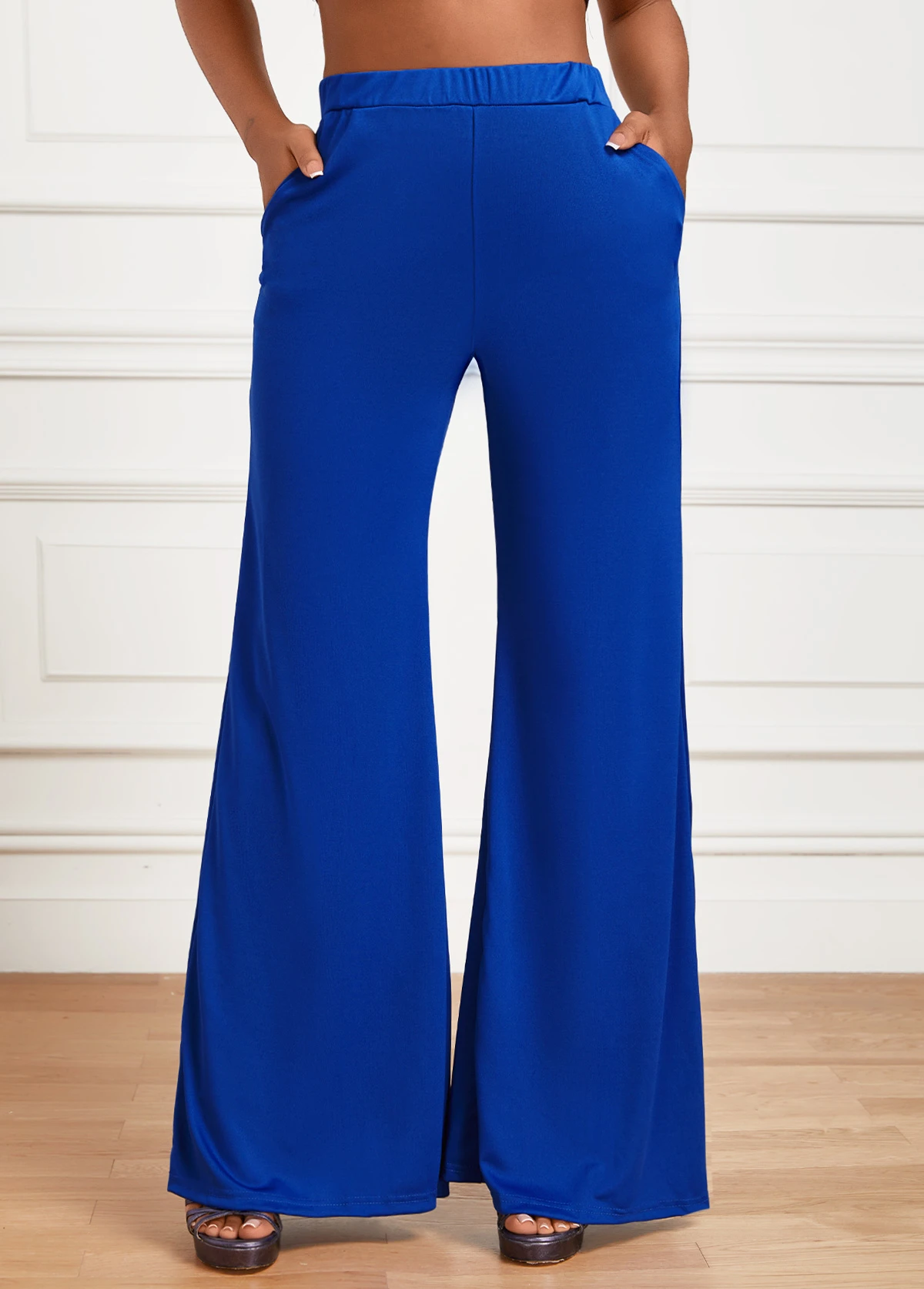 Blue Pocket Flare Leg Elastic Waist High Waisted Pants 1 Blue Pocket Flare Leg Elastic Waist High Waisted Pants