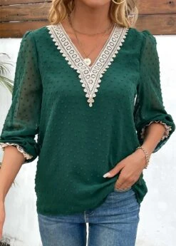 Green Patchwork Long Sleeve V Neck Blouse