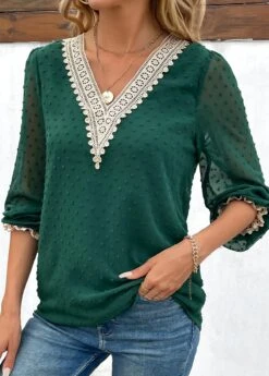 Green Patchwork Long Sleeve V Neck Blouse -Women Clothing Sales Store 343452 P 16979661327342