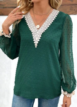 Green Patchwork Long Sleeve V Neck Blouse -Women Clothing Sales Store 343452 P 16979661327953