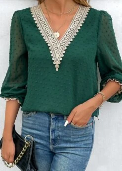 Green Patchwork Long Sleeve V Neck Blouse -Women Clothing Sales Store 343452 P 16979661331825